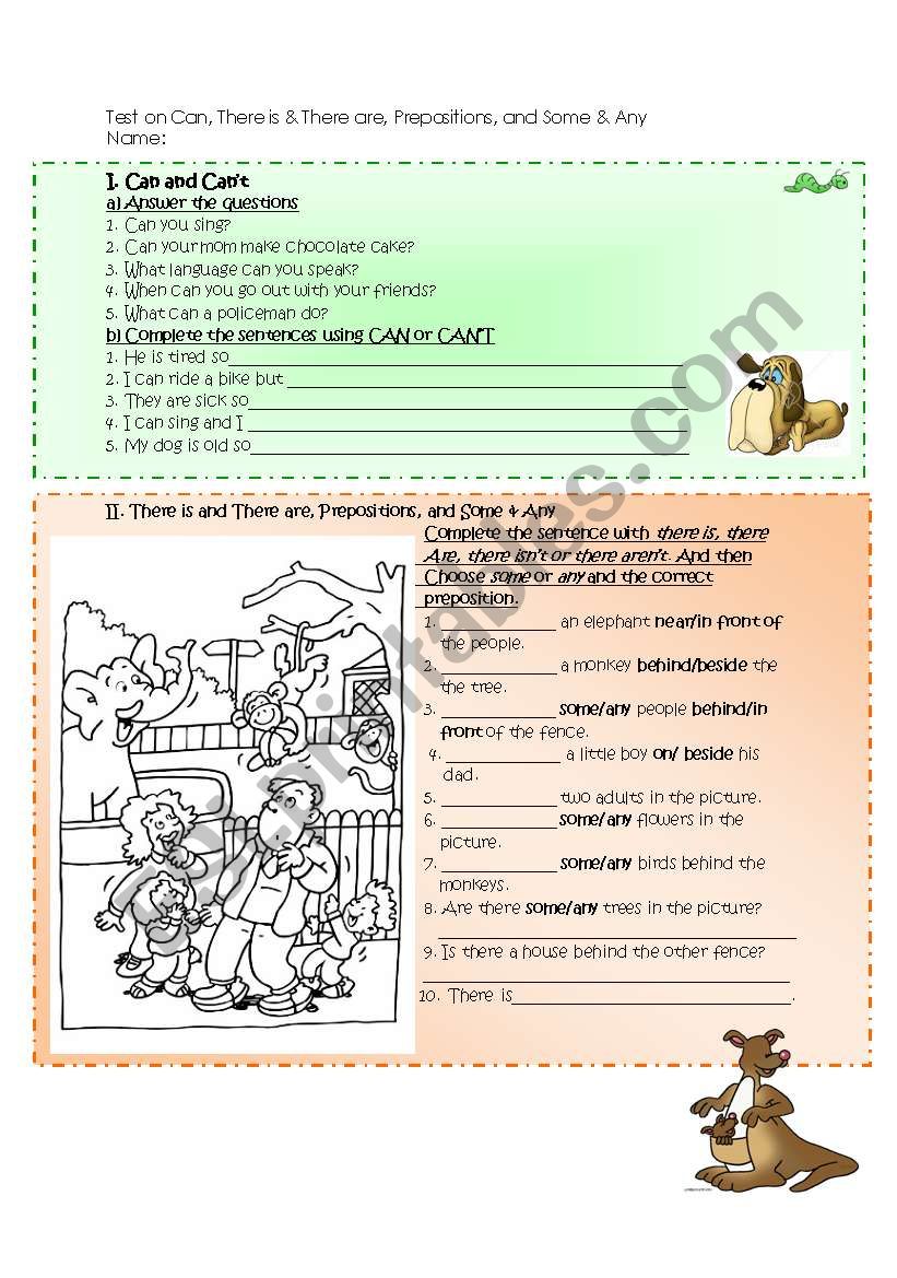 Test on Can, There is&There are, Prepositions, and Some&any