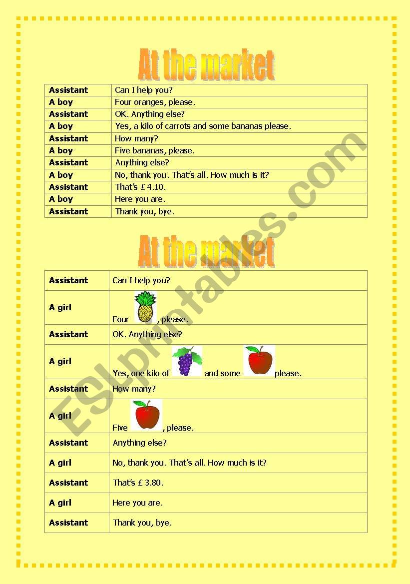 At the market (role-play) worksheet