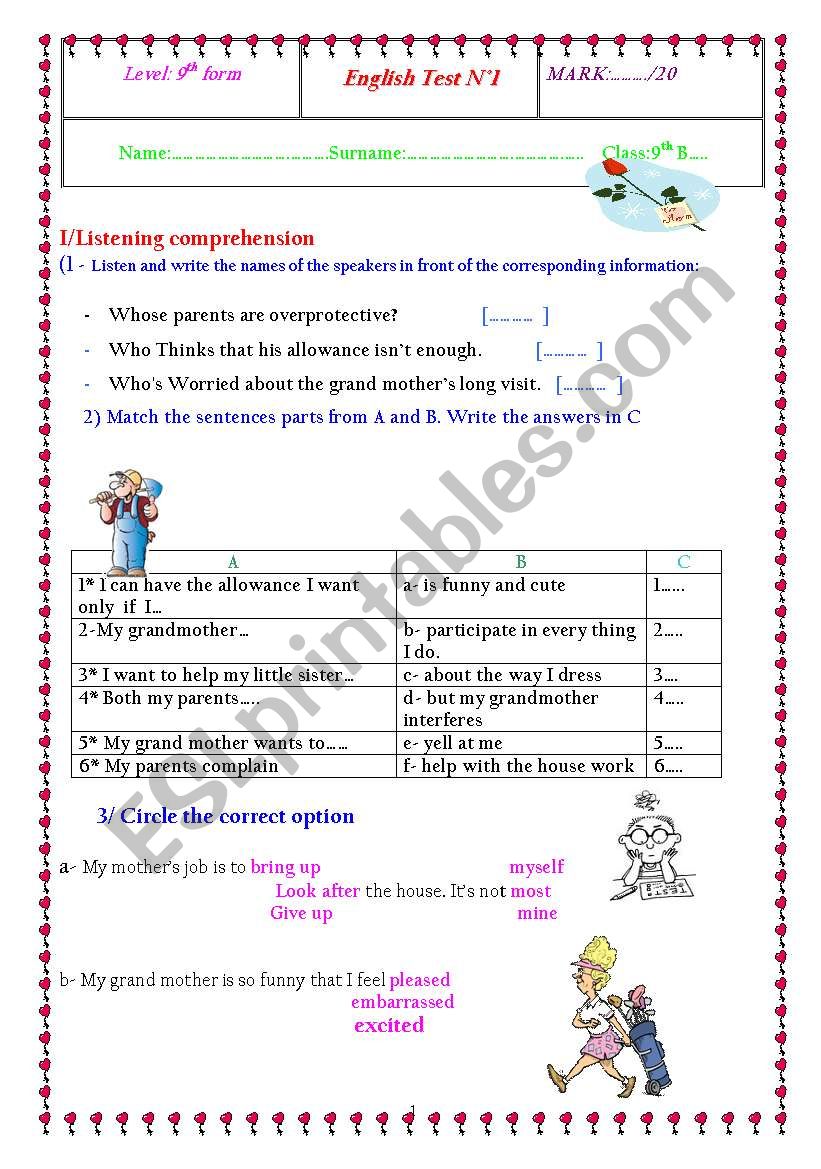 9th form english test 1 worksheet