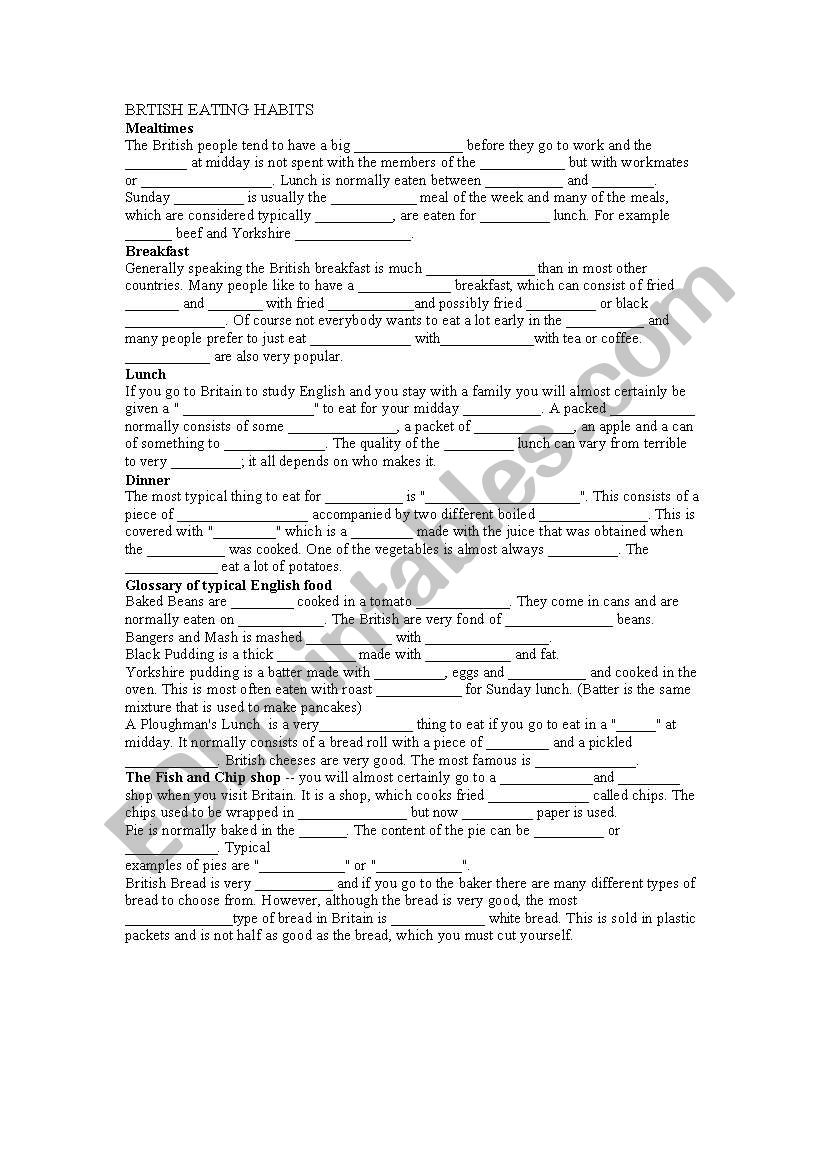 British Eating Habits Multiple choice Quiz