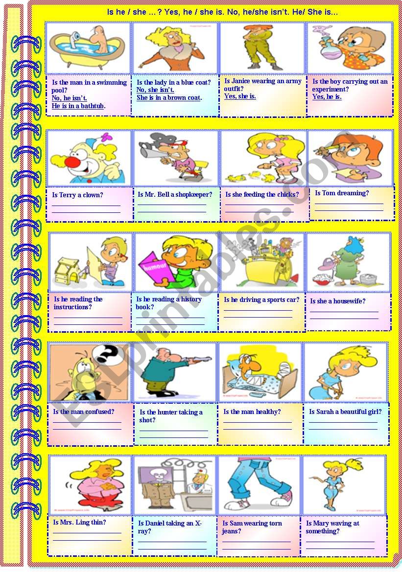 Is he/she ...? Yes, he/she is. No, he/she isnÂ´t. He/She is.....(Partially guided - with answer key)**editable