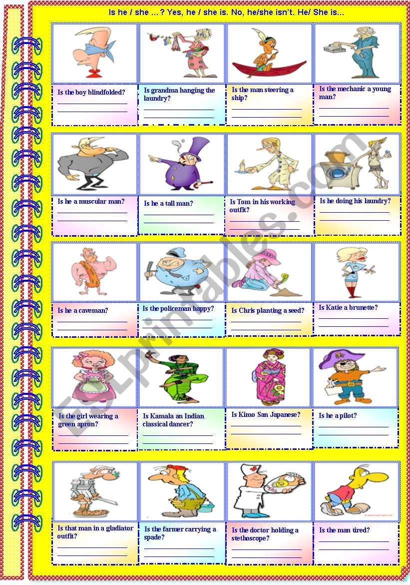 Is he/she ...? Yes, he/she is. No, he/she isnÂ´t. He/She is.....(No guidance - with answer key)**editable