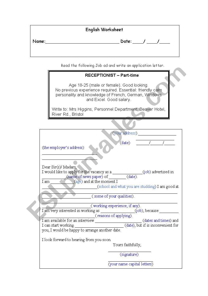 letter of application worksheet