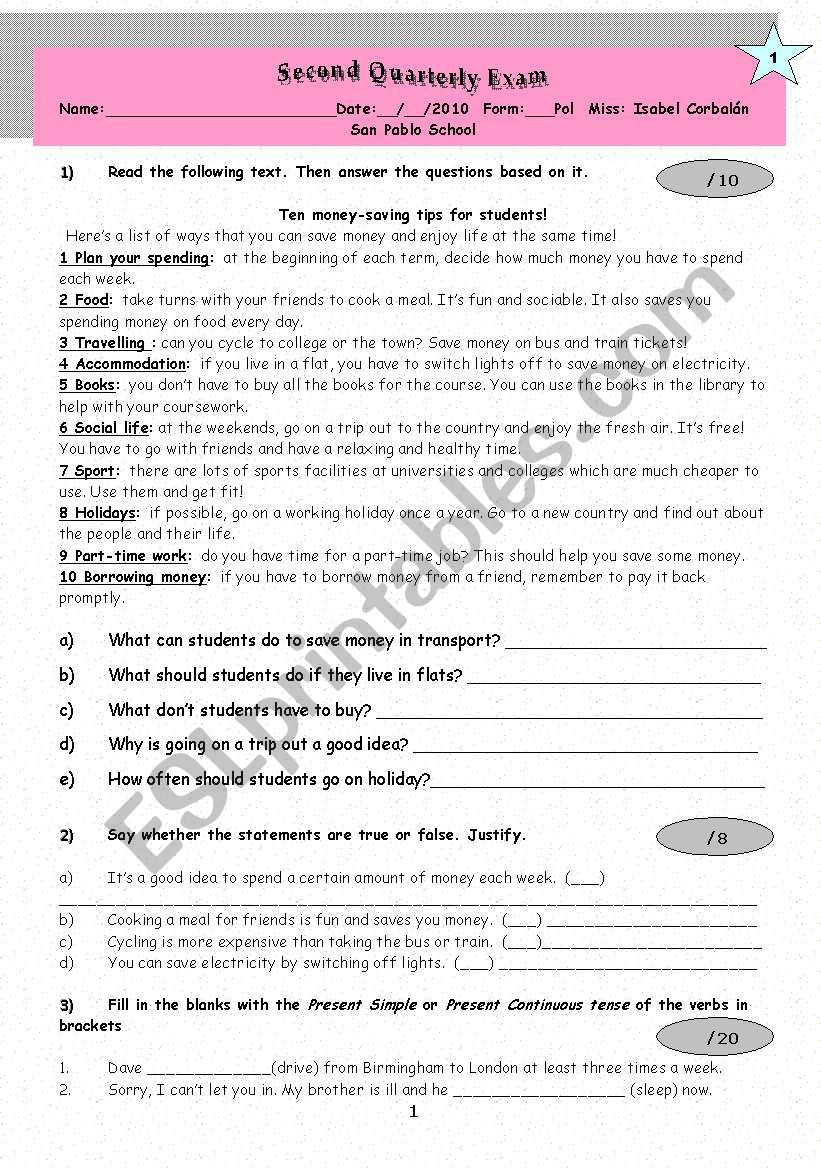 second quarterly test worksheet