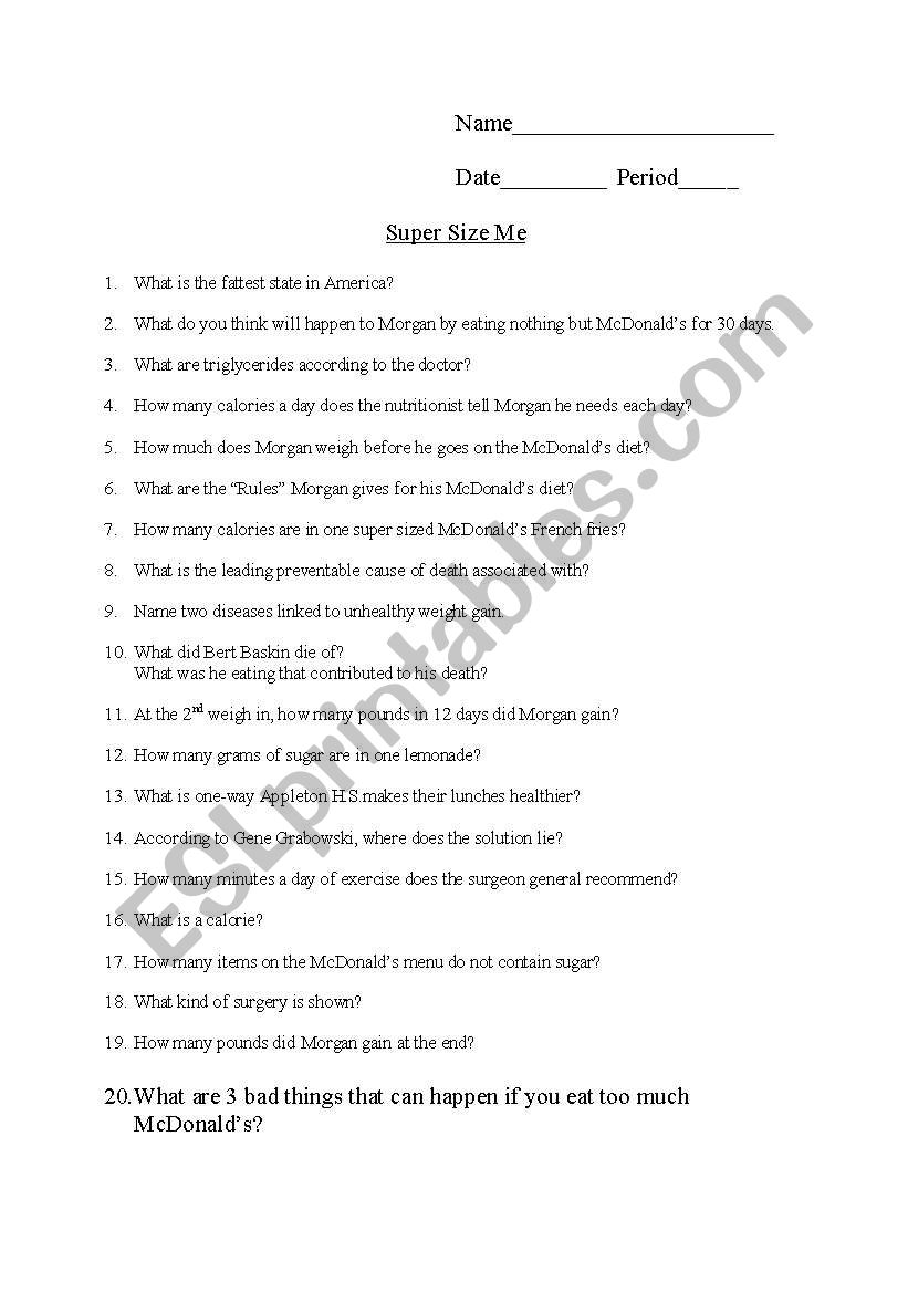 Super Size Me movie questions worksheet