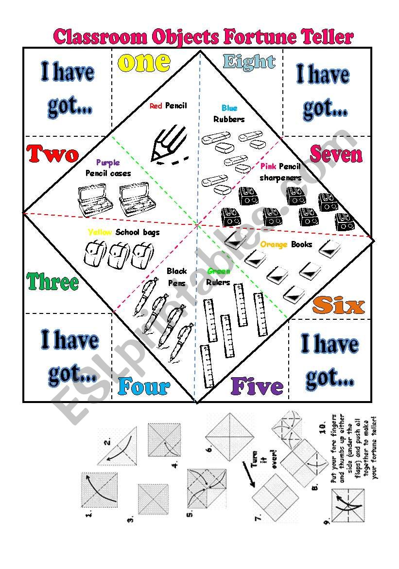  Classroom Objects fortune Teller +  verb have got + verb To be +numbers+ colours- 2 pages FULLY EDITABLE