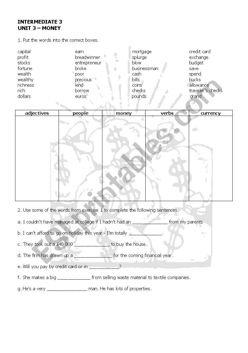 Money vocab worksheet