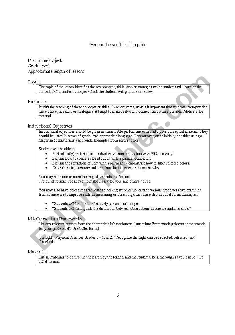 English Worksheets Lesson Plan Template
