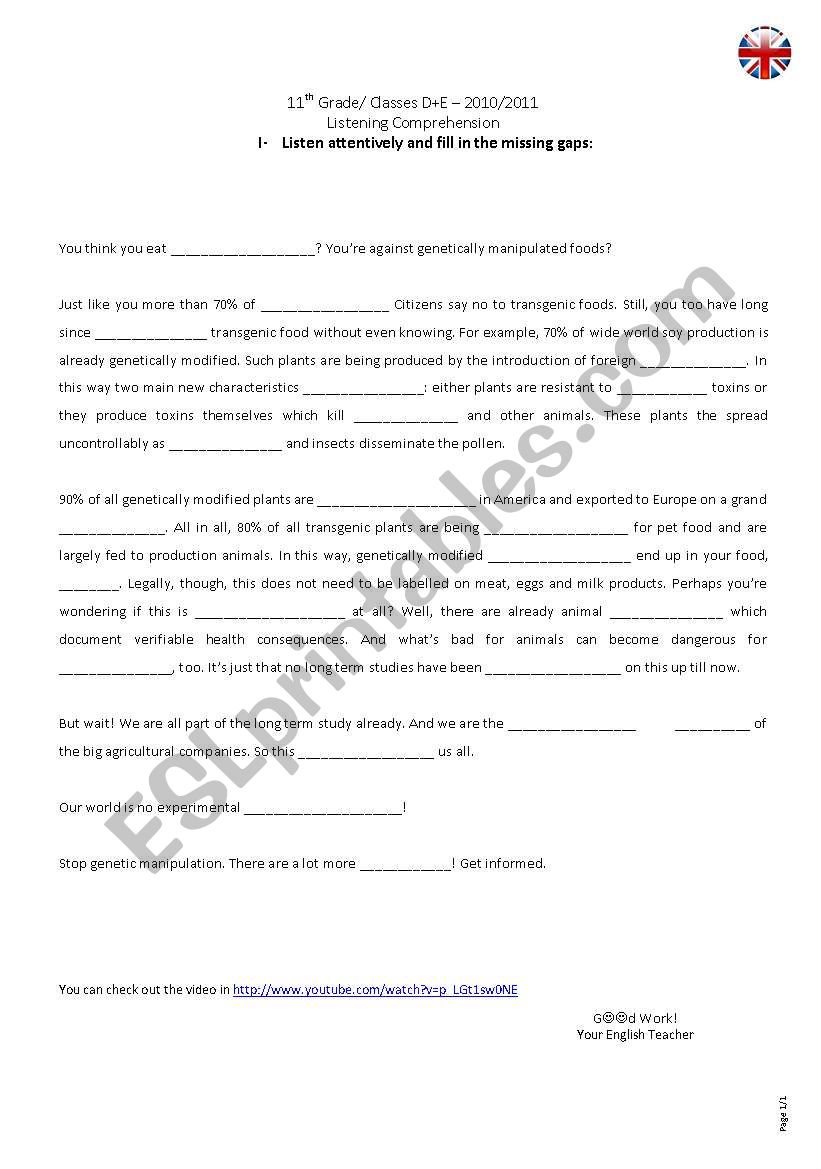 Transgenics worksheet