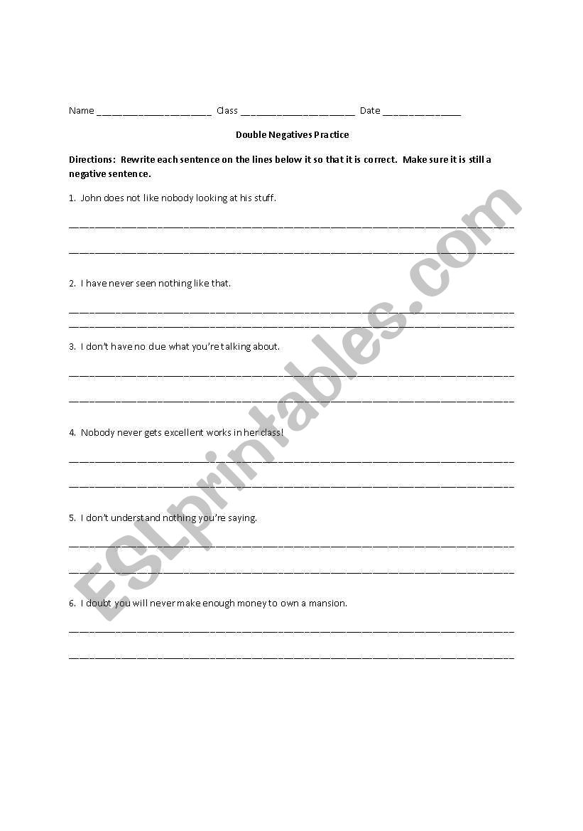 Double Negatives Worksheet worksheet