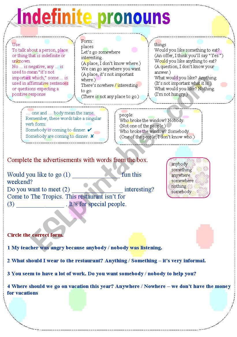 Indefinite pronouns worksheet