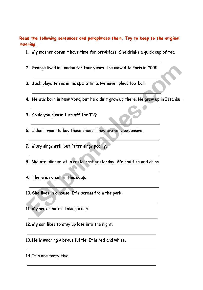 Paraphrasing exercises worksheet