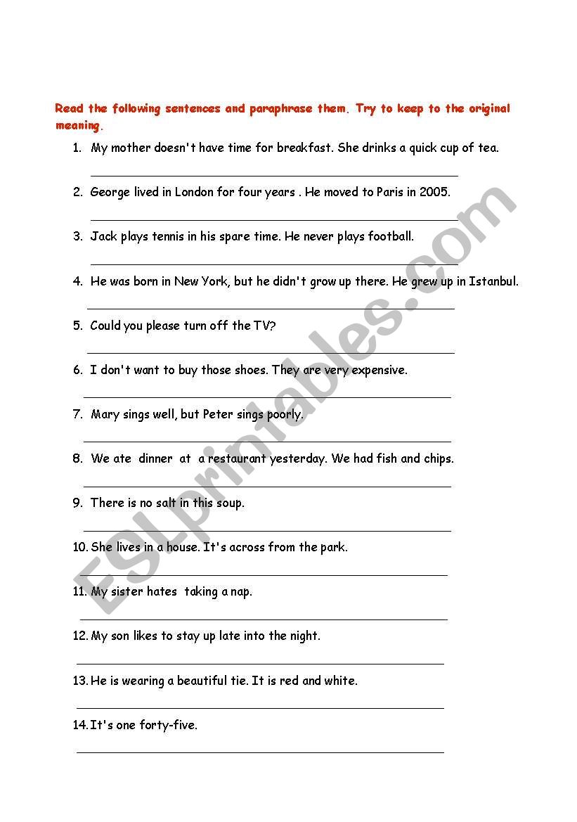 Paraphrasing Exercises ESL Worksheet By Fugen