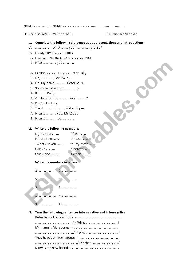 Basic Initial test worksheet