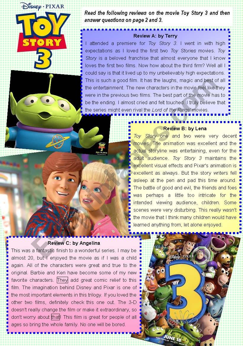 Toy Story 3 reading comprehension exercise