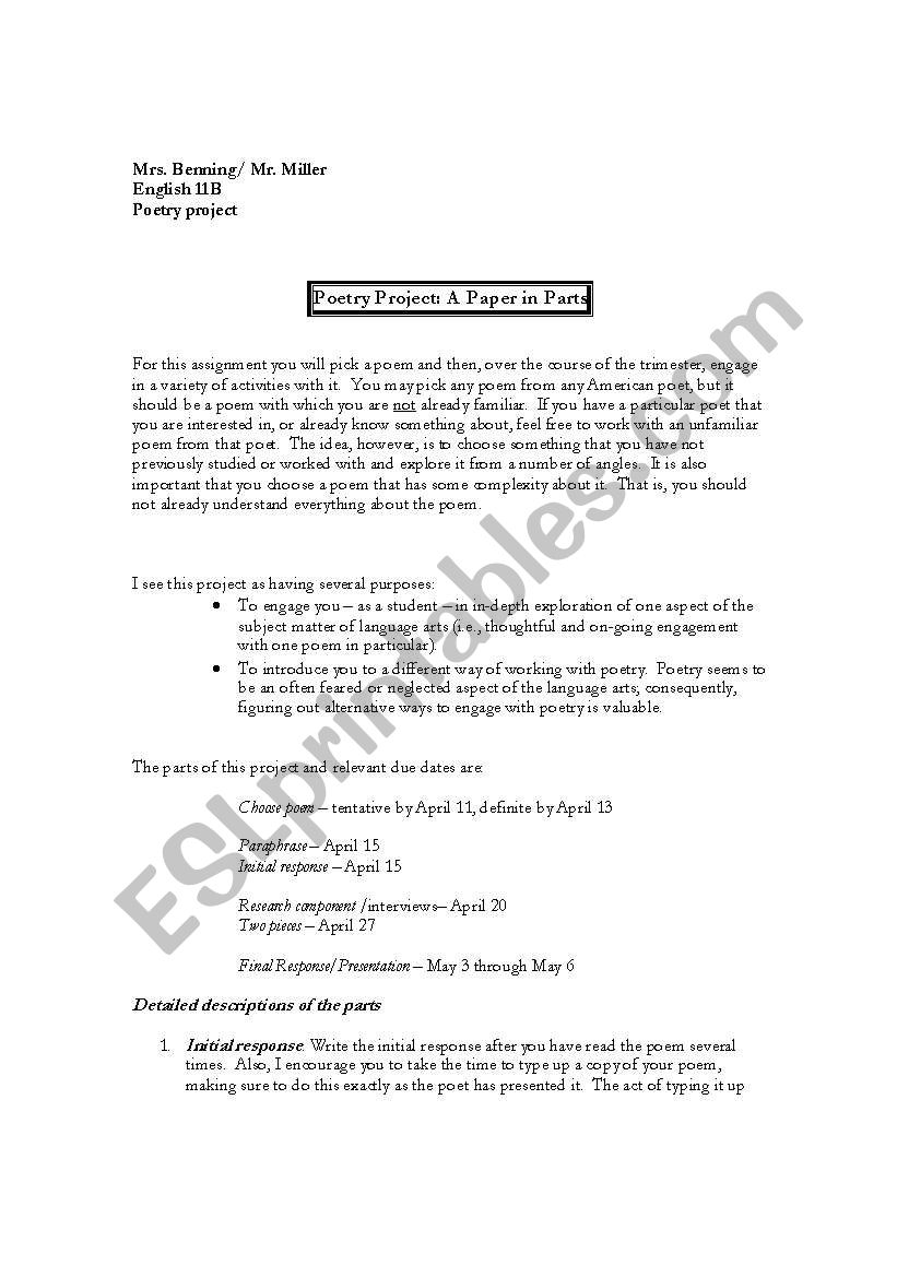 Poetry project worksheet