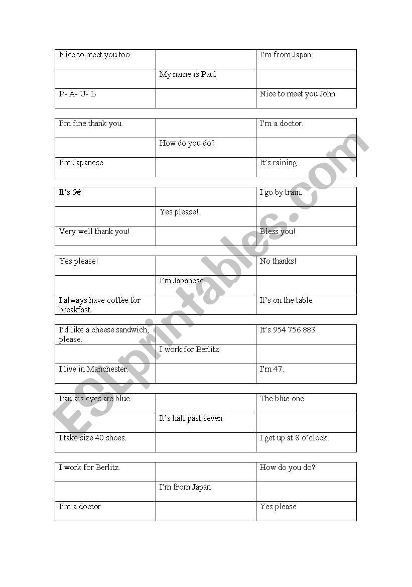 Sayings bingo worksheet