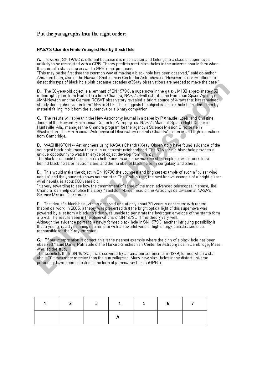 Nasa -Black Hole worksheet
