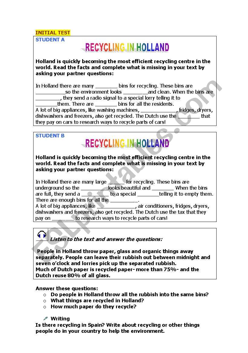 Recycling in Holland worksheet