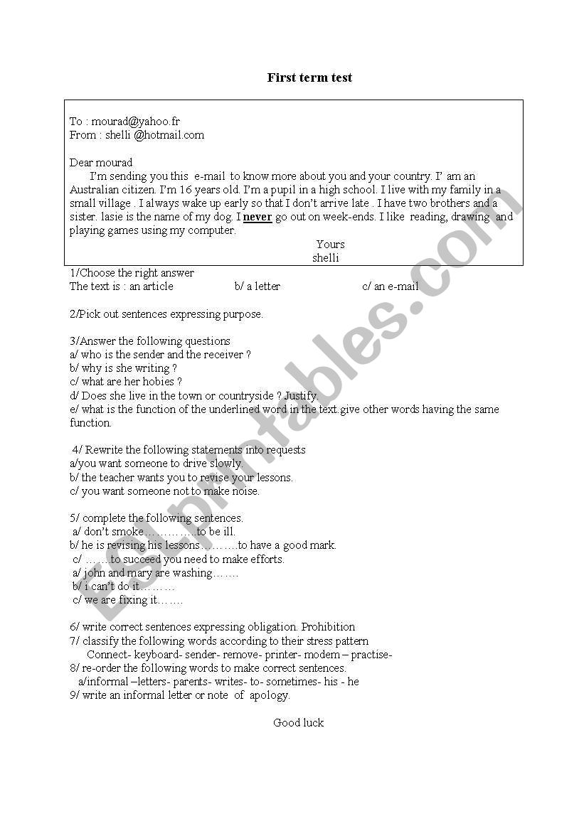 first year 1st term test worksheet