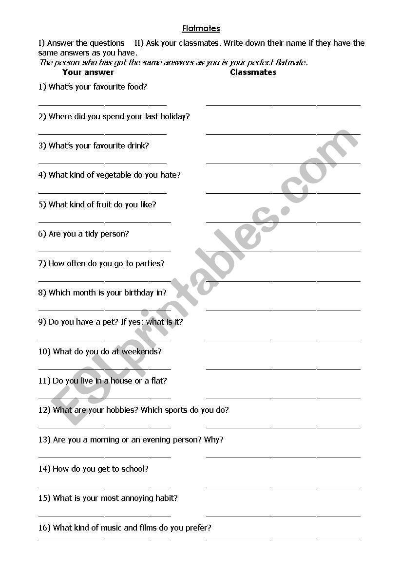 Flatmates worksheet