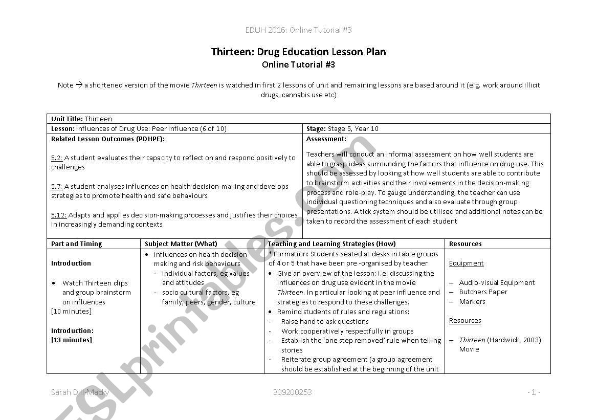 Drug Use Lesson Plab worksheet