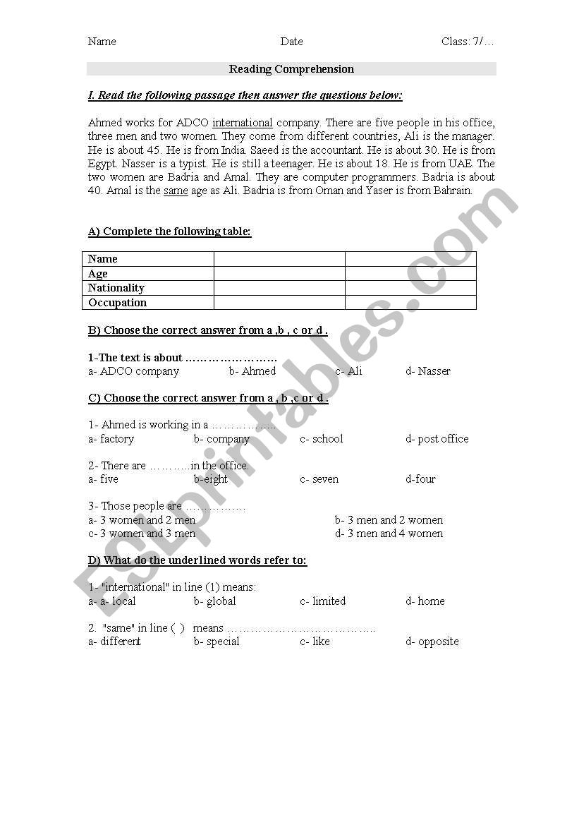 Reading and Vocabulary  Test worksheet