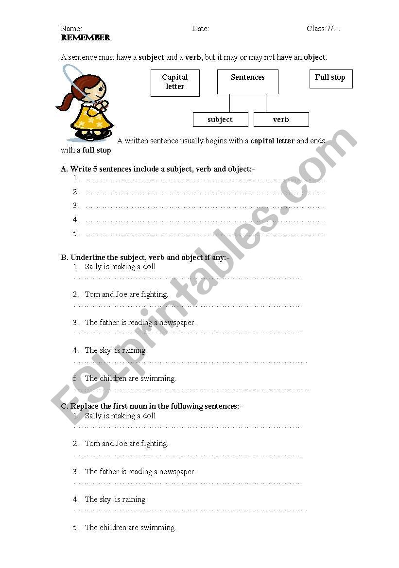 writing sentences with subject+verb and object