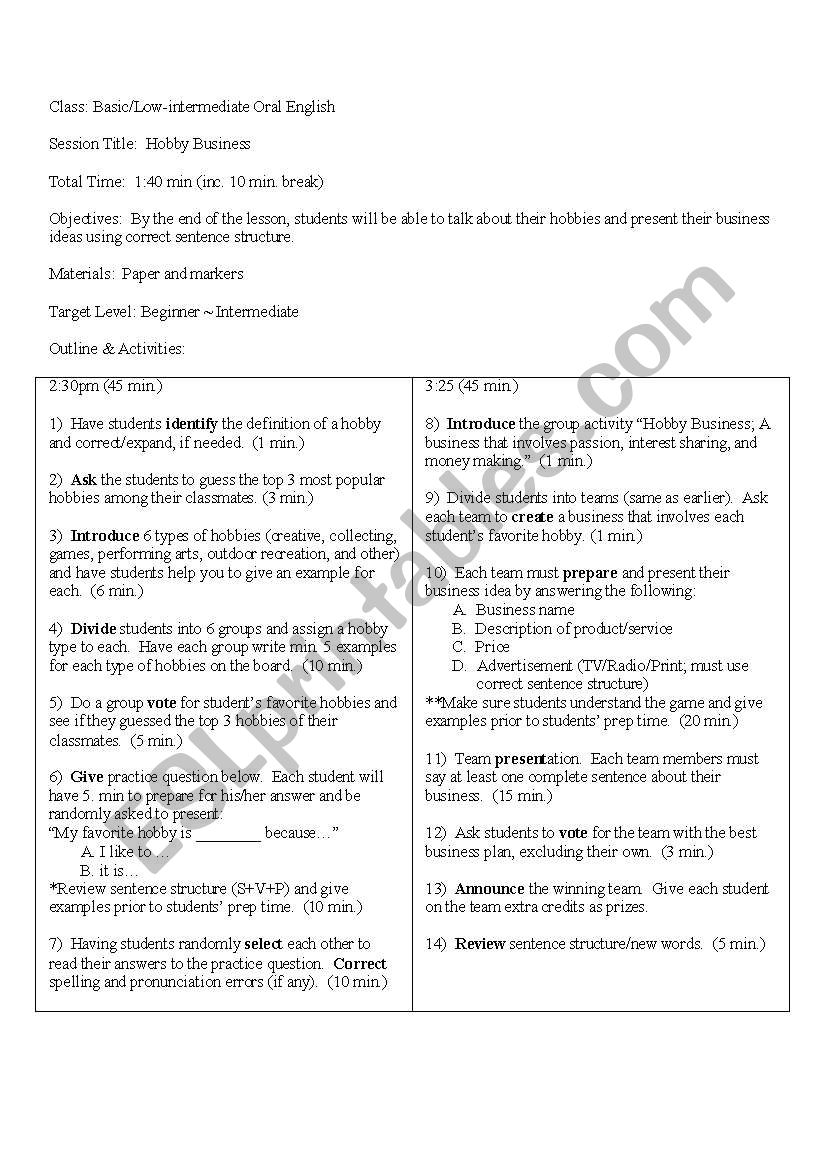 Hobby Business worksheet