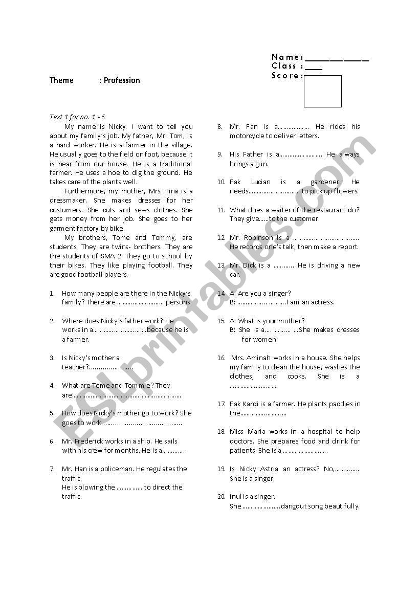 Profession worksheet