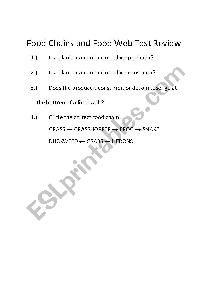 Food Chains and Food Web Test Review