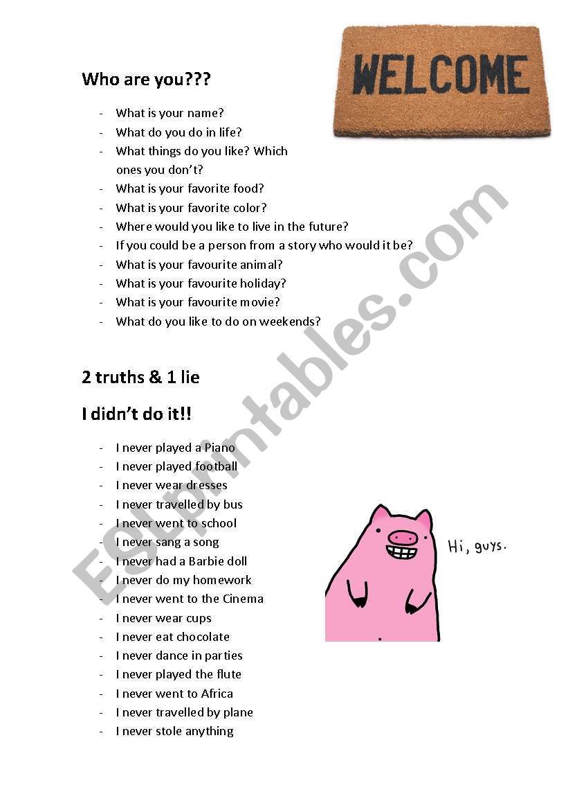 First days presentations worksheet