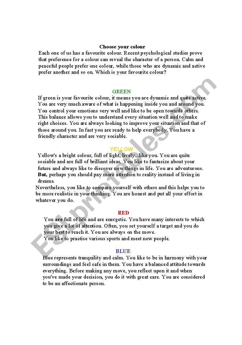 Choose your color worksheet