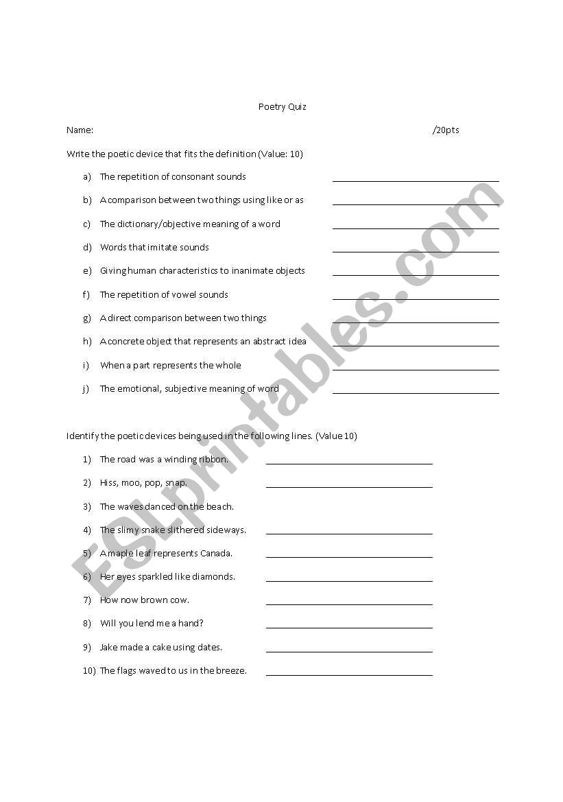 Poetry Quiz worksheet