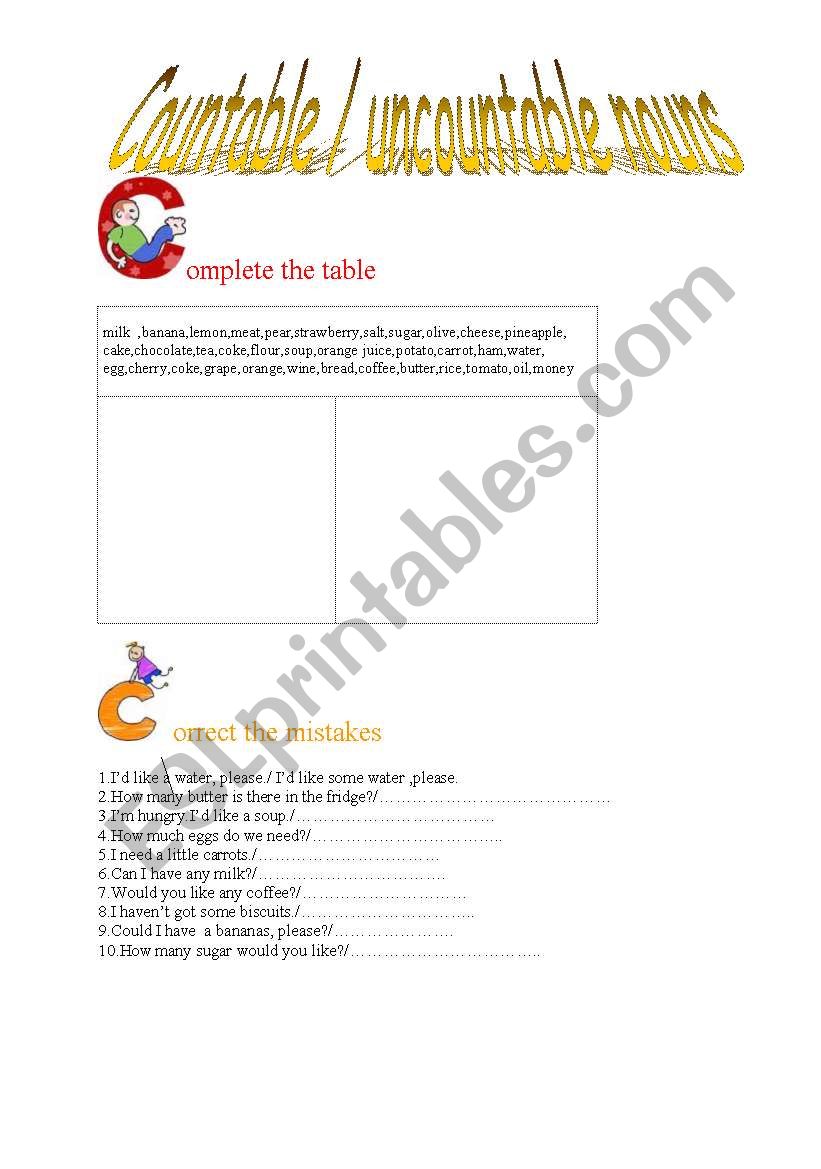 countable / uncountable nouns worksheet