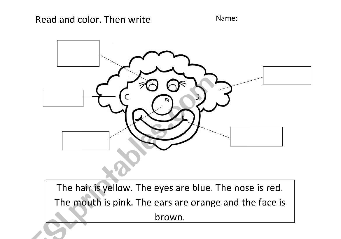 Colour the clown and write the parts of the face
