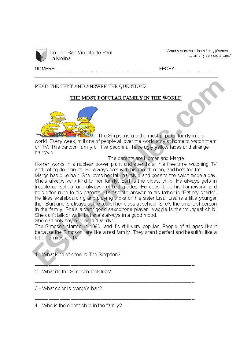 Simpson Family worksheet