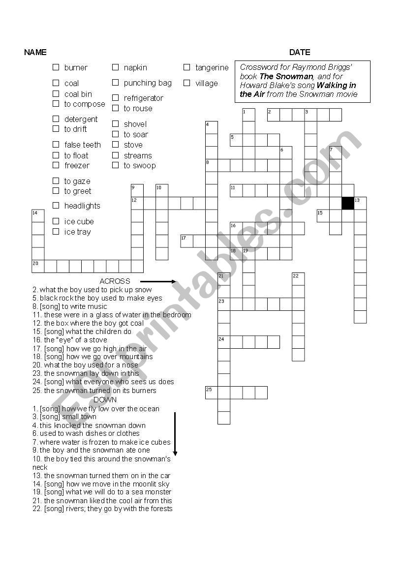 crossword for Briggs Snowman book and Blakes song from the movie
