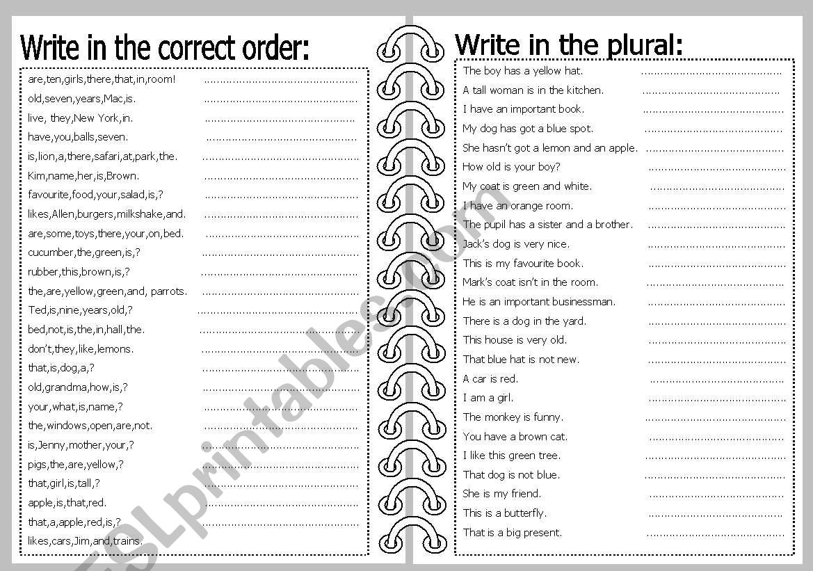 correct order,plurals worksheet