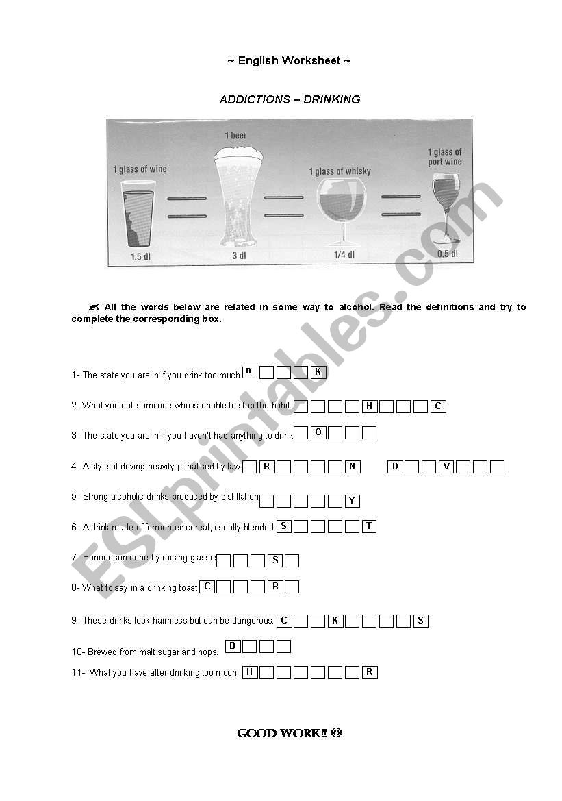 ADDICTIONS - ALCOHOL worksheet