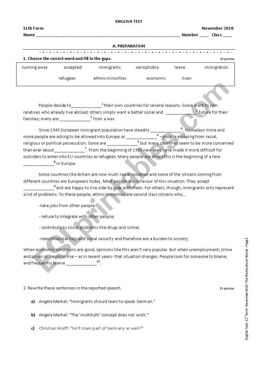 Test on Multiculturalism worksheet