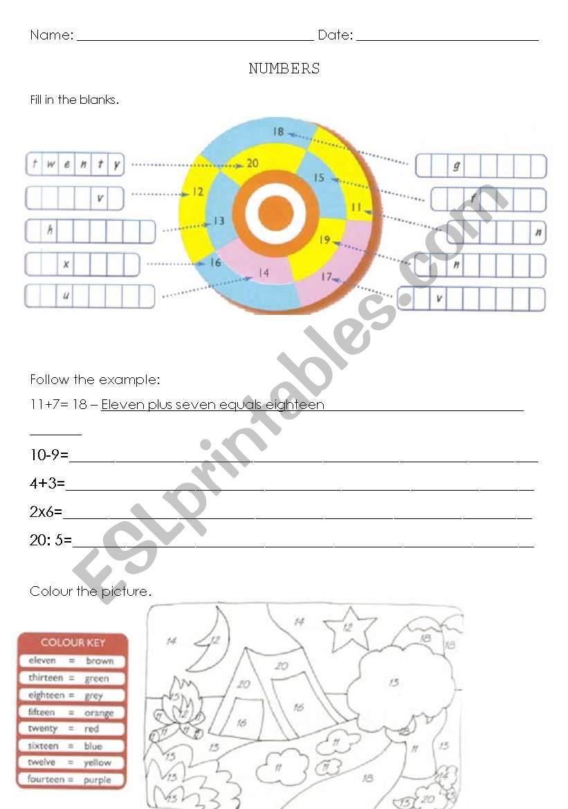 Numbers, colours and shapes worksheet
