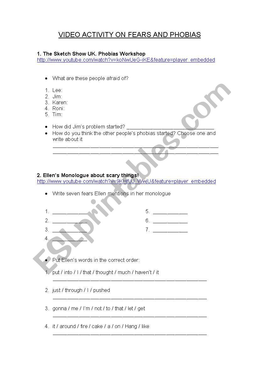 FEARS AND PHOBIAS worksheet