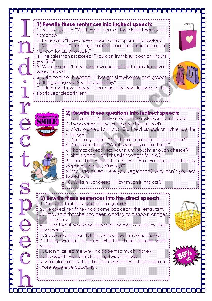 Indirect speech. Shopping worksheet