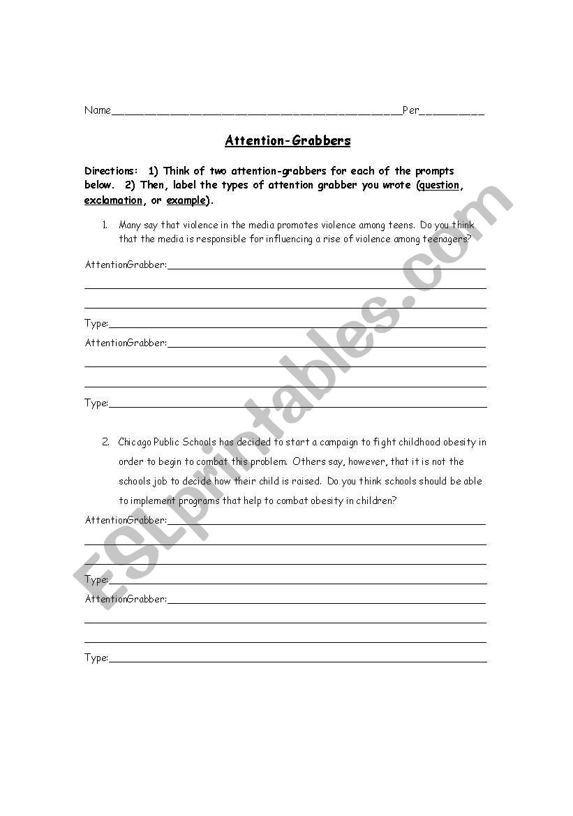 Writing Attention Grabbers worksheet