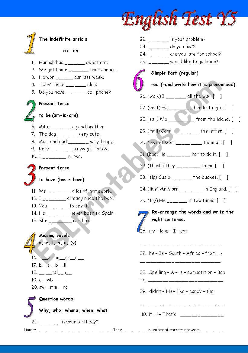 English Test Year 5 (ESL) worksheet