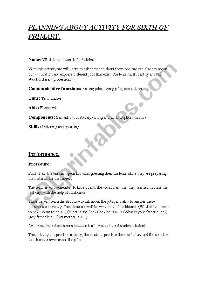 Planning activity 6th primary worksheet