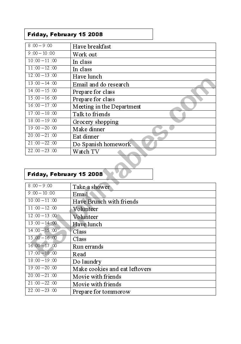 Schedules worksheet