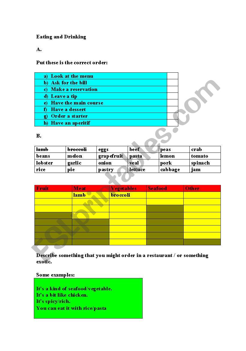 Food and Drink worksheet