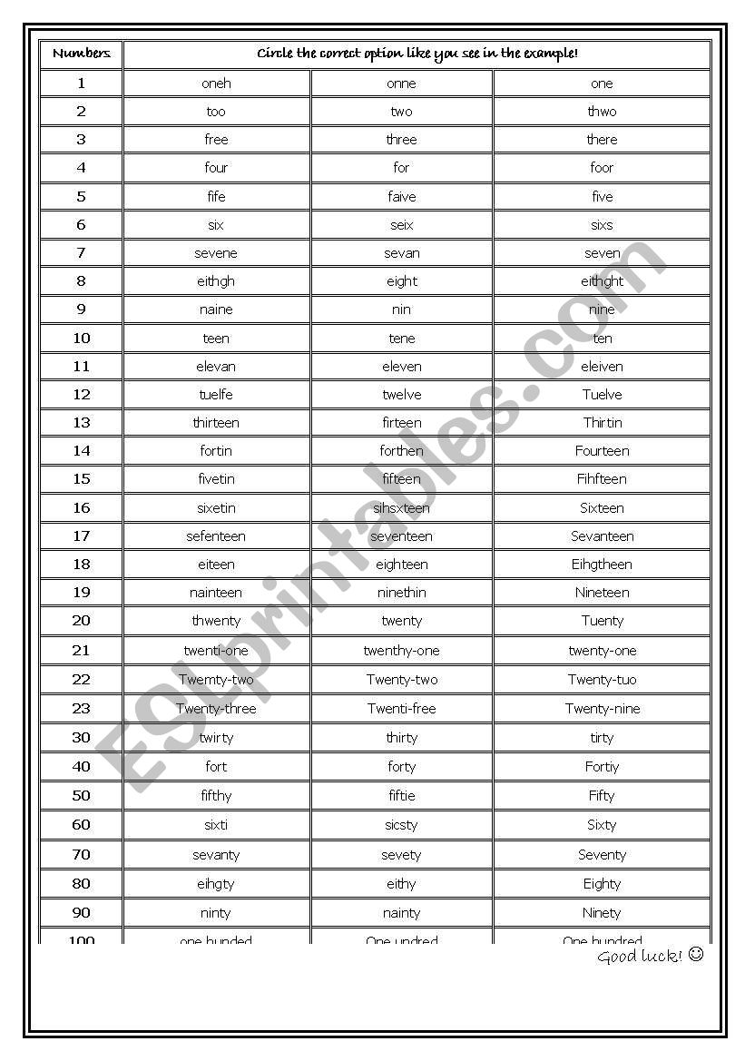 numbers worksheet